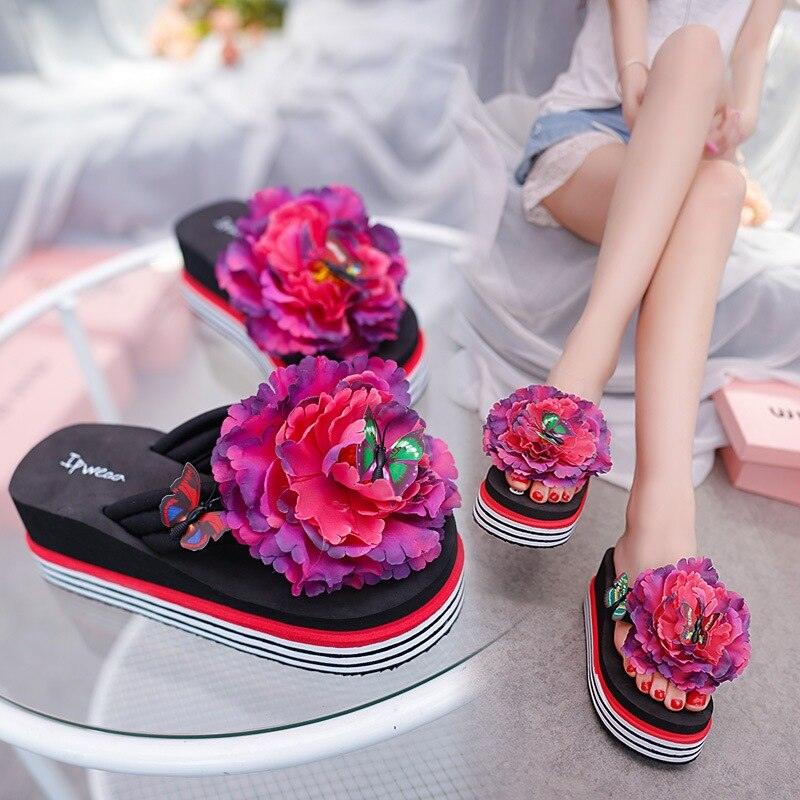 Chaussons à fleurs Claquettes d'été Chaussures compensées pour femmes Tongs à talons épais Tongs de douche de plage Tongs de piscine à séchage rapide Sandales de plage Tongs d'intérieur à bout ouvert