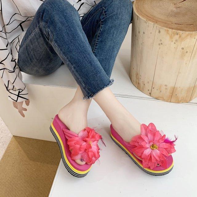 Chaussons à fleurs Claquettes d'été Chaussures compensées pour femmes Tongs à talons épais Tongs de douche de plage Tongs de piscine à séchage rapide Sandales de plage Tongs d'intérieur à bout ouvert