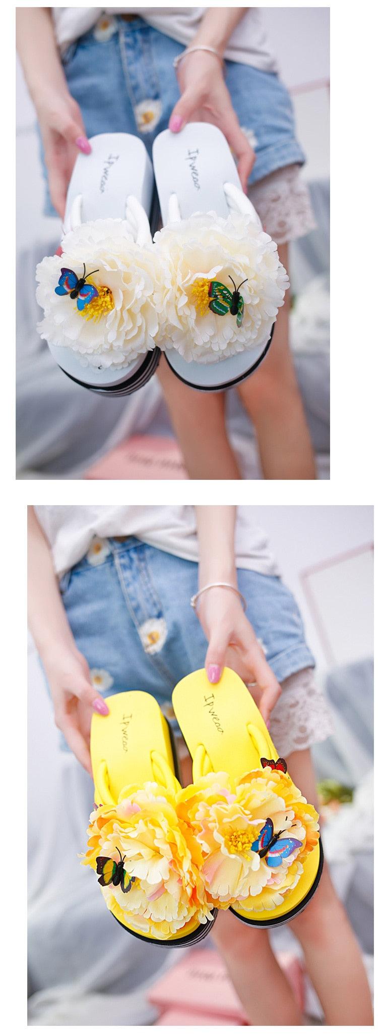 Chaussons à fleurs Claquettes d'été Chaussures compensées pour femmes Tongs à talons épais Tongs de douche de plage Tongs de piscine à séchage rapide Sandales de plage Tongs d'intérieur à bout ouvert