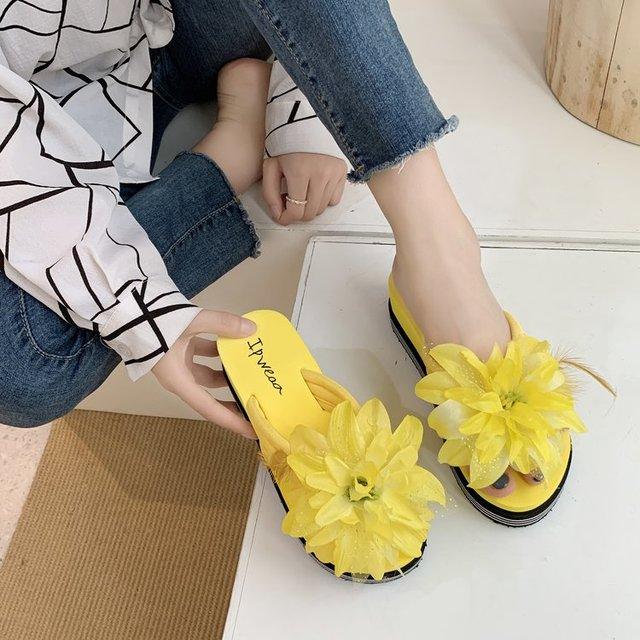 Chaussons à fleurs Claquettes d'été Chaussures compensées pour femmes Tongs à talons épais Tongs de douche de plage Tongs de piscine à séchage rapide Sandales de plage Tongs d'intérieur à bout ouvert