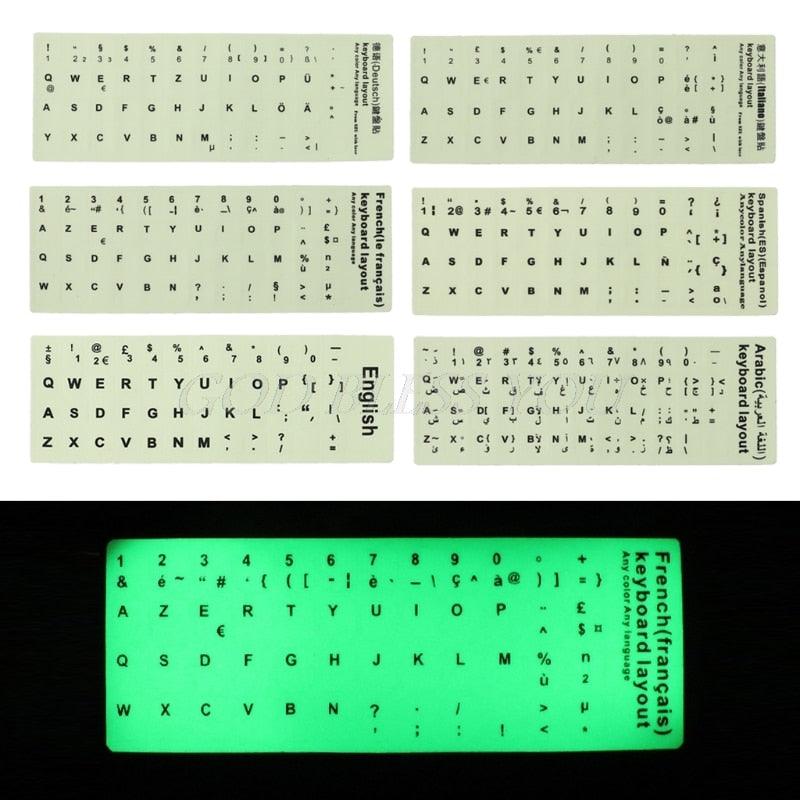 Autocollants de clavier fluorescents différentes langues optionnelles Film protecteur de clavier lumineux imperméable Protecteur de peau de clavier d'ordinateur portable de jeu pour les amateurs de jeux