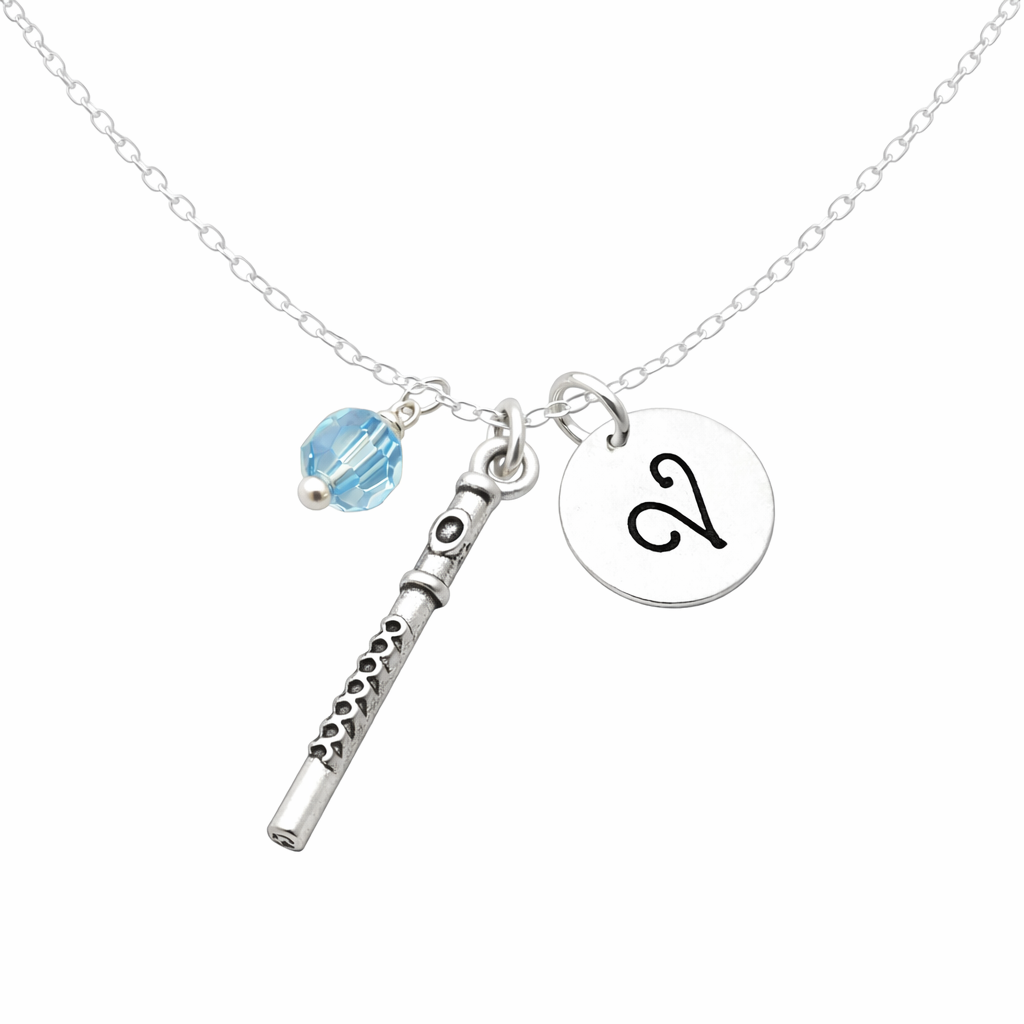 Collier Flûte – Argent Sterling avec Pierre de Naissance et Breloque Initiale