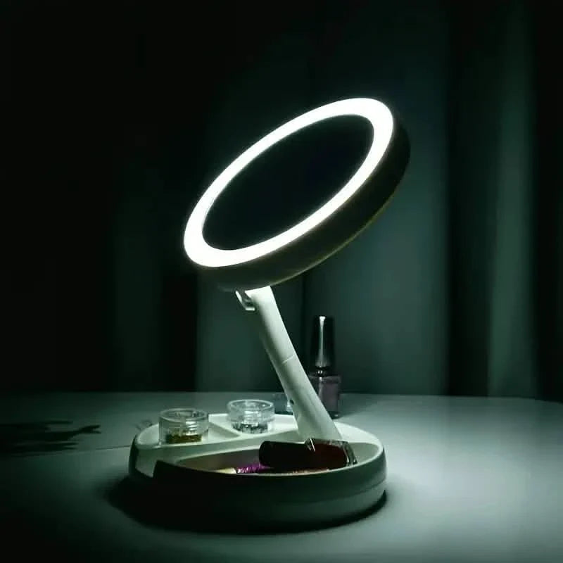 Miroir de courtoisie LED pliable avec boîte de rangement, miroir rétractable double face grossissant 1X et 10X