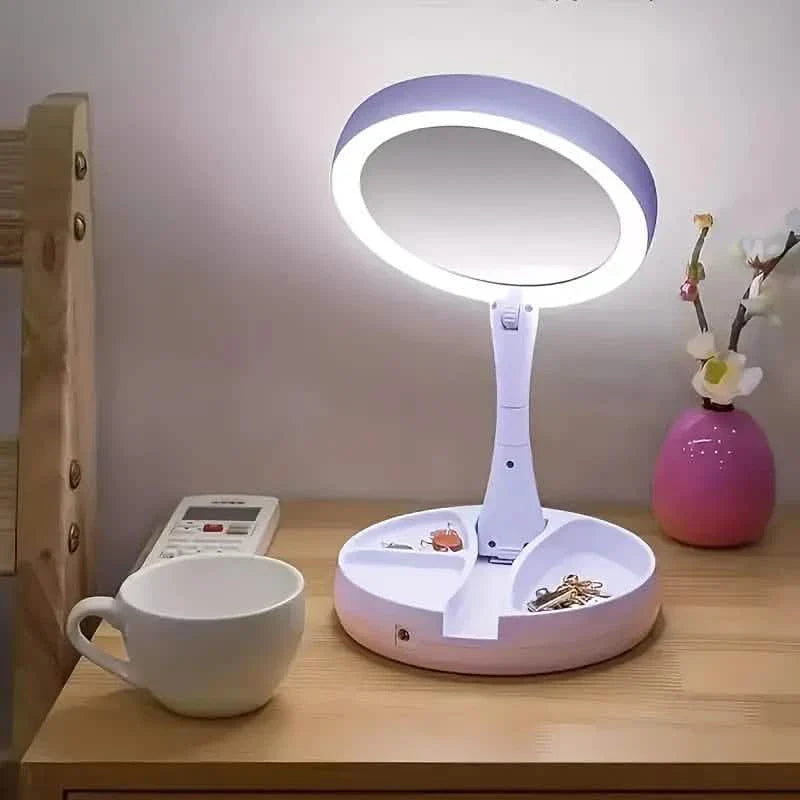 Miroir de courtoisie LED pliable avec boîte de rangement, miroir rétractable double face grossissant 1X et 10X