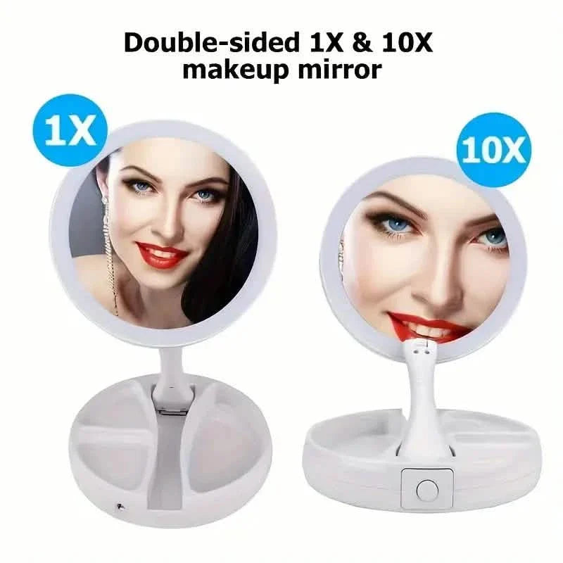 Miroir de courtoisie LED pliable avec boîte de rangement, miroir rétractable double face grossissant 1X et 10X