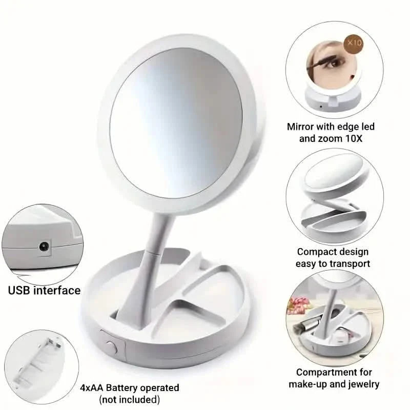 Miroir de courtoisie LED pliable avec boîte de rangement, miroir rétractable double face grossissant 1X et 10X