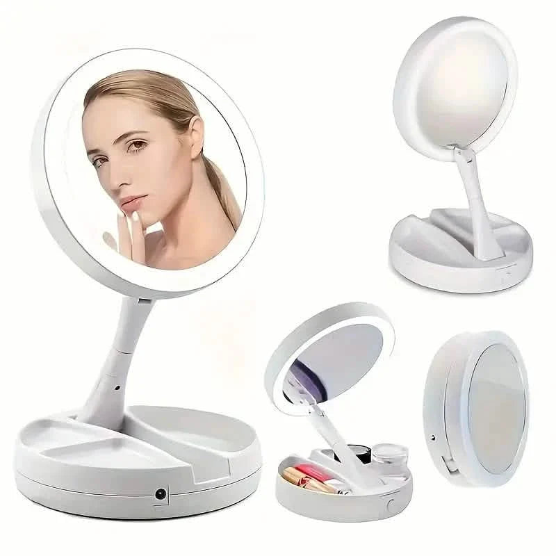 Miroir de courtoisie LED pliable avec boîte de rangement, miroir rétractable double face grossissant 1X et 10X