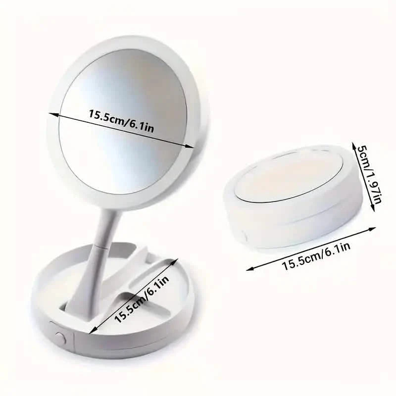 Miroir de courtoisie LED pliable avec boîte de rangement, miroir rétractable double face grossissant 1X et 10X