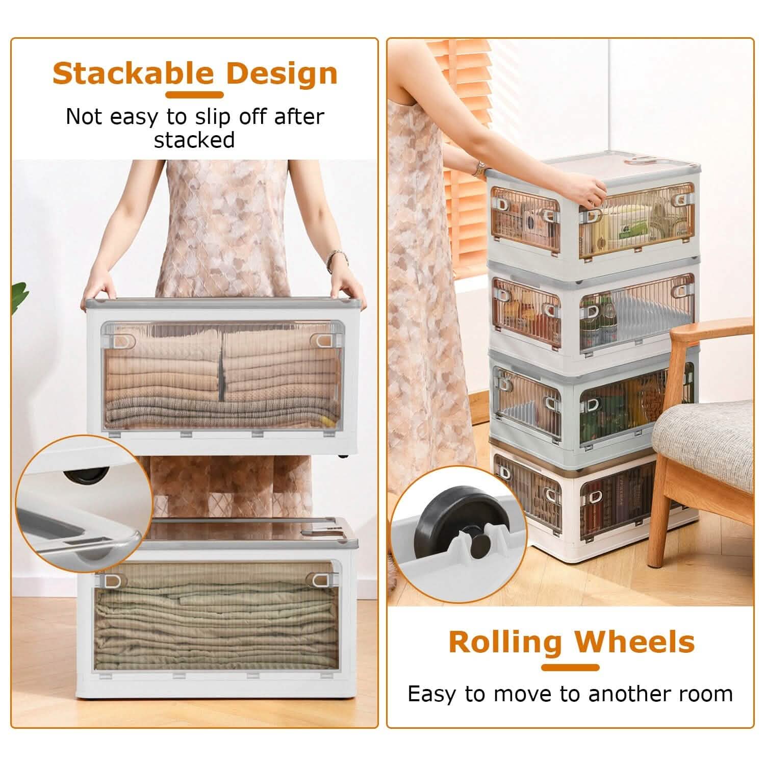 Bacs de rangement pliables avec couvercle 4 portes empilables et verrouillables