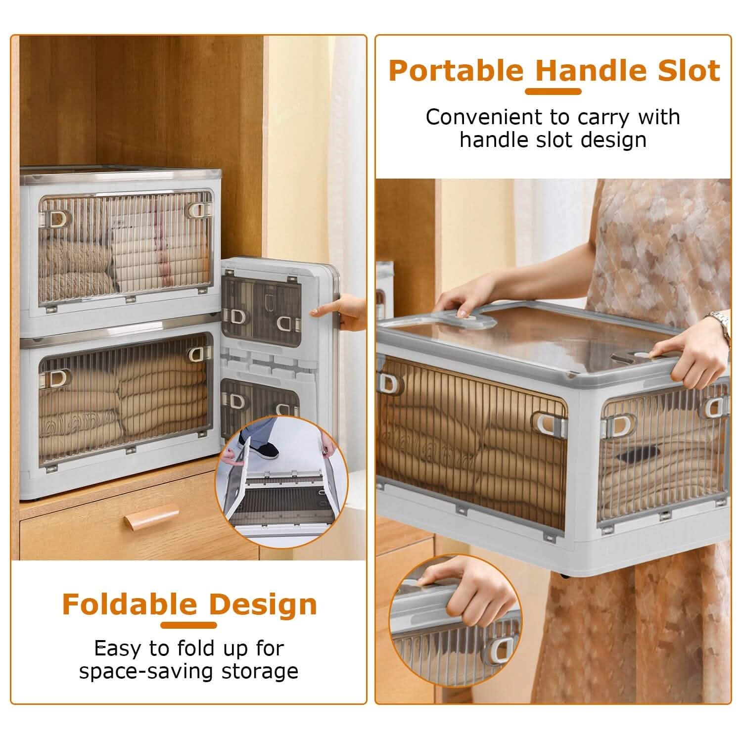 Bacs de rangement pliables avec couvercle 4 portes empilables et verrouillables