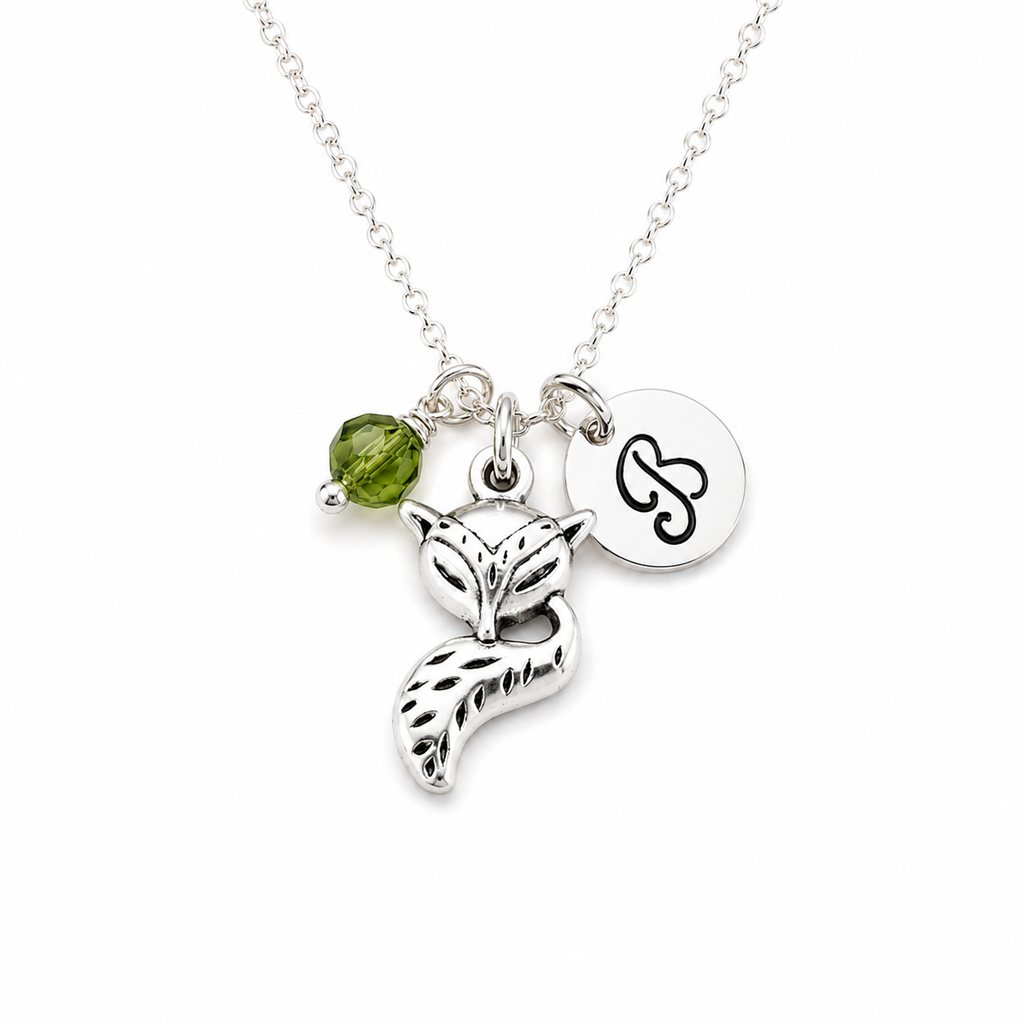 Collier Renard – Argent sterling avec pierre de naissance et breloque initiale