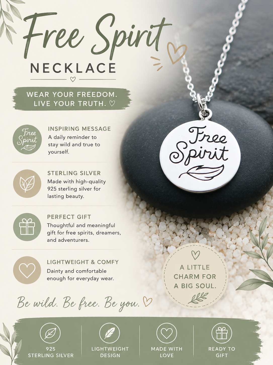 Collier Esprit Libre – Collier à breloque citation en argent sterling, cadeau inspirant