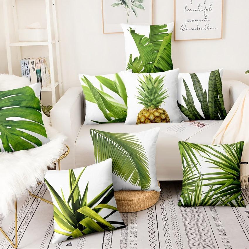 Taie d'oreiller imprimée numérique feuilles vertes fraîches décoration d'oreiller de maison housse de coussin feuilles vertes tropicales avec fond géométrique housses de coussin décoratives carrées en coton lin décoration d'intérieur 45x45CM