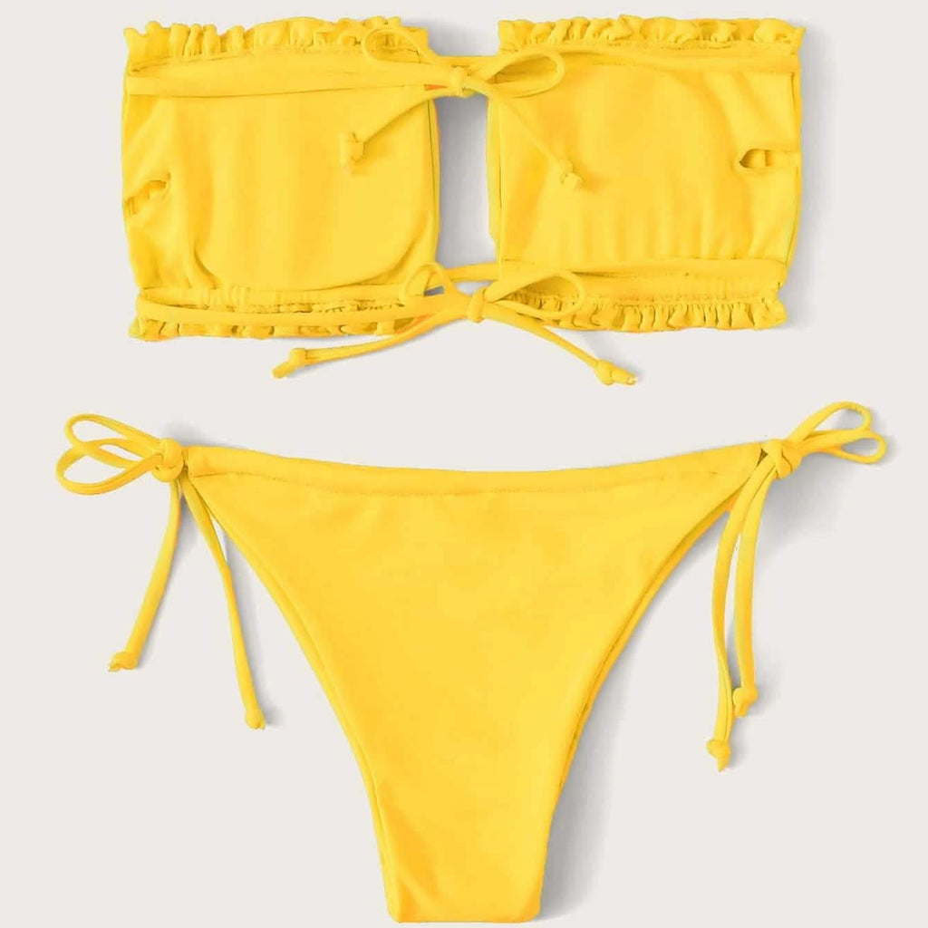 Maillot de bain bikini bandeau à volants et liens à nouer