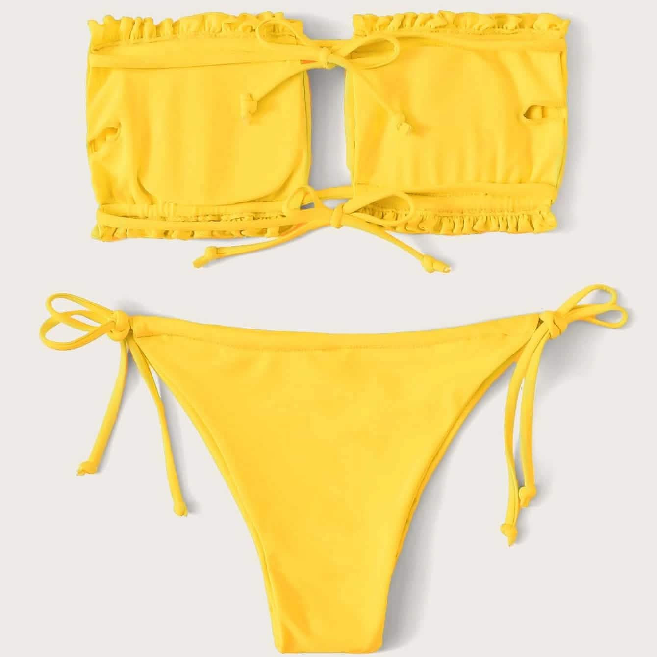 Maillot de bain bikini bandeau à volants et liens à nouer