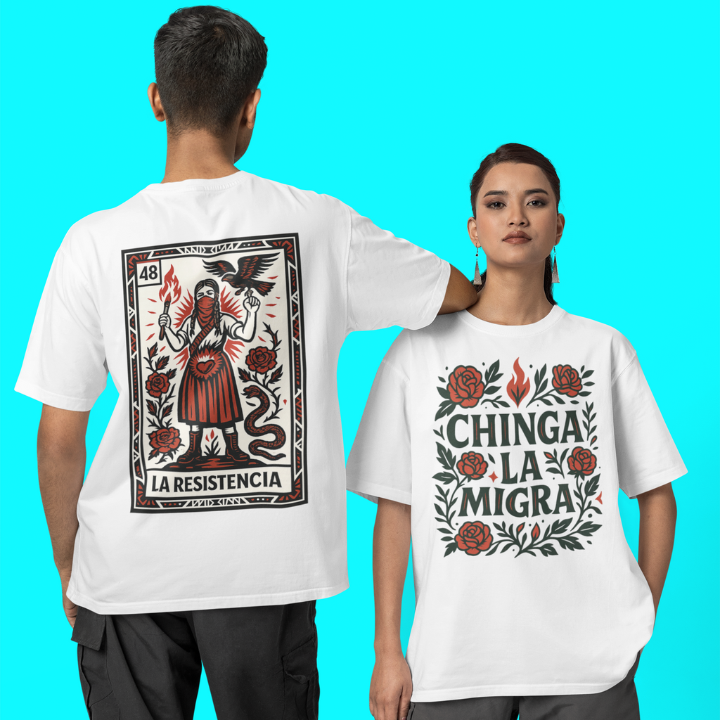 T-shirt double face La Resistencia | Chinga La Migra Édition Protestation Immigration Justice ICE | T-shirts viraux Fierté latine