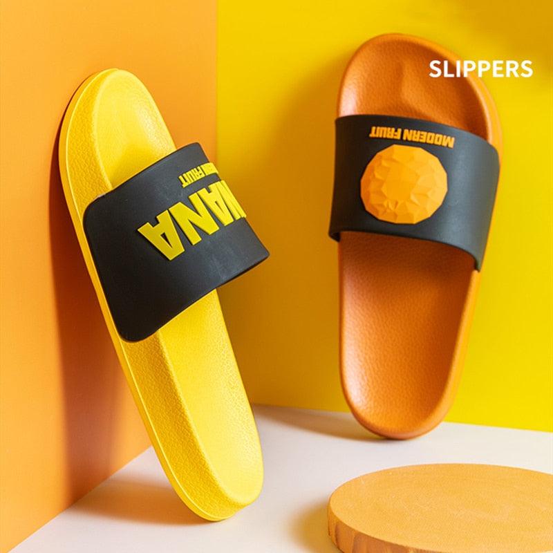 Chaussons d'été à lanières pour femmes, motif banane, tongs de maison d'intérieur, antidérapantes, pour salle de bain, motif orange, sandales douces et antidérapantes pour douche et bain