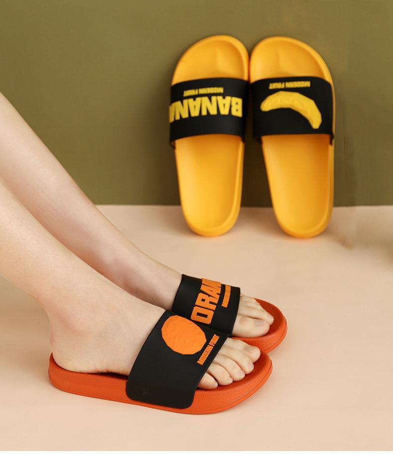 Chaussons d'été à lanières pour femmes, motif banane, tongs de maison d'intérieur, antidérapantes, pour salle de bain, motif orange, sandales douces et antidérapantes pour douche et bain
