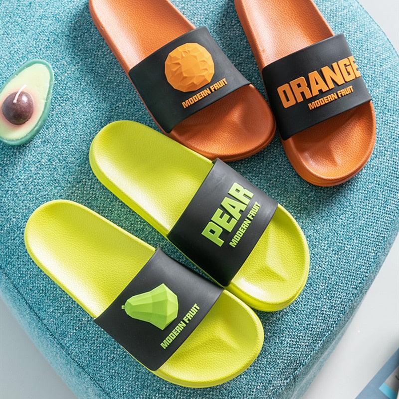 Chaussons d'été à lanières pour femmes, motif banane, tongs de maison d'intérieur, antidérapantes, pour salle de bain, motif orange, sandales douces et antidérapantes pour douche et bain