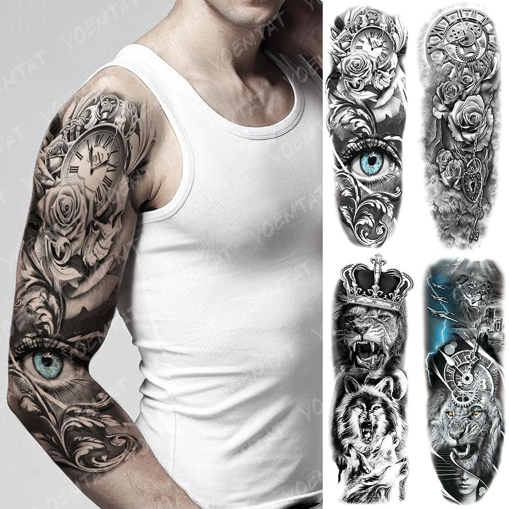 Tatouages Temporaires Bras Complet 8 Feuilles et Épaule Demi-Bras Tatouages Étanche Élégant Grand Lion Manchette Autocollant Tatouage Étanche Temporaire Grande Loup Tatoos Pour Hommes et Femmes