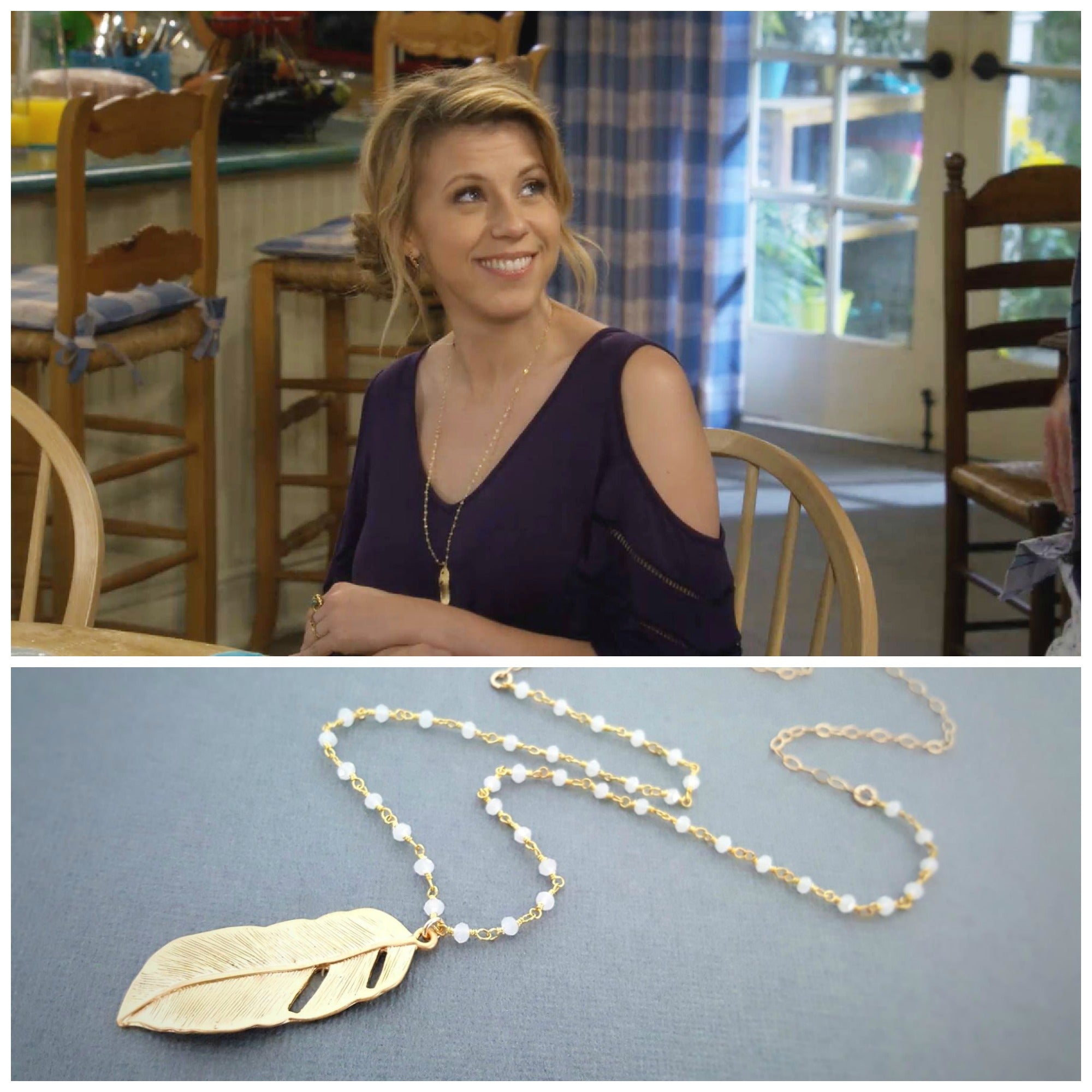 Vu dans Fuller House – Collier Plume Dorée & Pierre de Lune, 61 cm