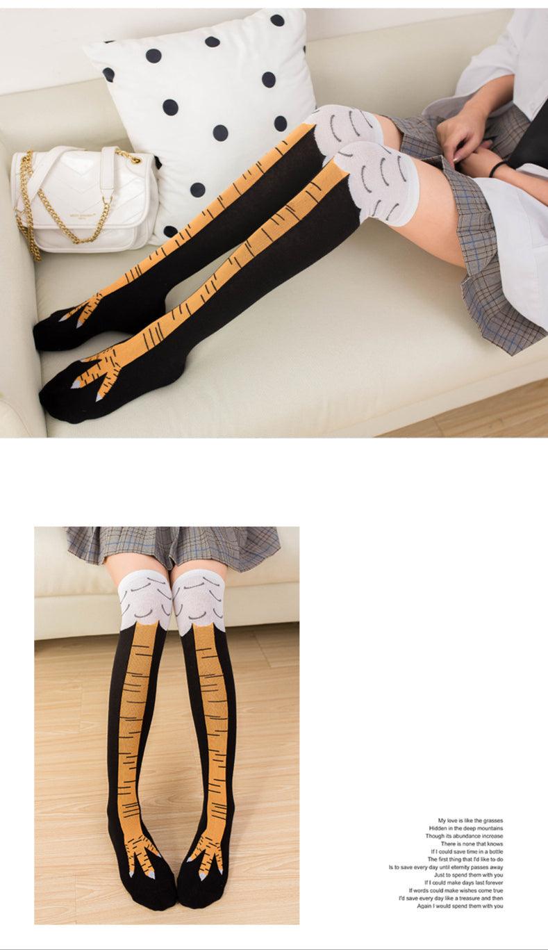 Chaussettes rigolotes poulet longues en coton à la mode drôles 3D unisexe au-dessus du genou chaussettes hautes Halloween Noël cadeau dessin animé chaussettes amusantes cuisse haute chaussettes pattes de poulet pour hommes et femmes