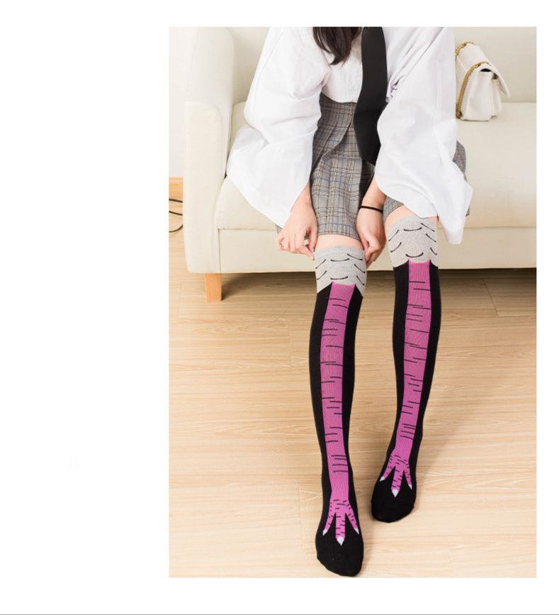 Chaussettes rigolotes poulet longues en coton à la mode drôles 3D unisexe au-dessus du genou chaussettes hautes Halloween Noël cadeau dessin animé chaussettes amusantes cuisse haute chaussettes pattes de poulet pour hommes et femmes