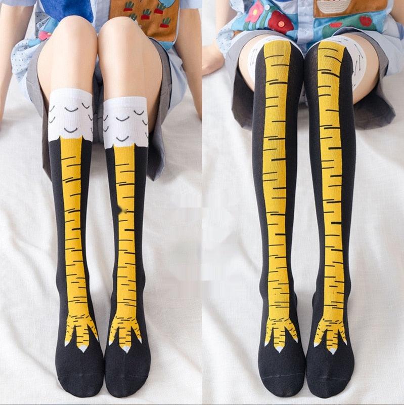 Chaussettes rigolotes poulet longues en coton à la mode drôles 3D unisexe au-dessus du genou chaussettes hautes Halloween Noël cadeau dessin animé chaussettes amusantes cuisse haute chaussettes pattes de poulet pour hommes et femmes