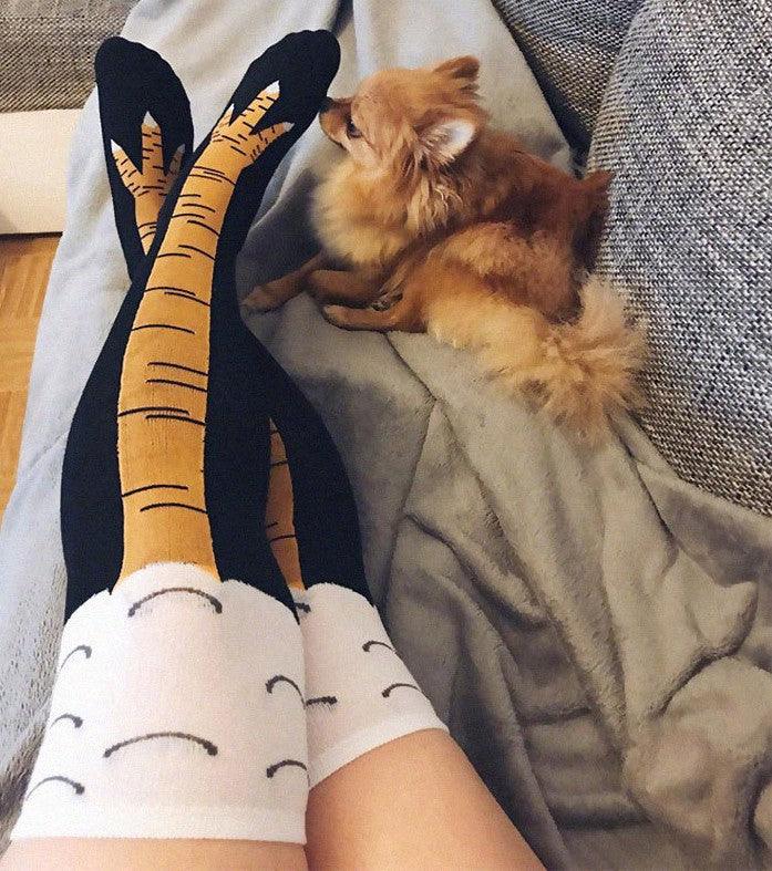 Chaussettes rigolotes poulet longues en coton à la mode drôles 3D unisexe au-dessus du genou chaussettes hautes Halloween Noël cadeau dessin animé chaussettes amusantes cuisse haute chaussettes pattes de poulet pour hommes et femmes