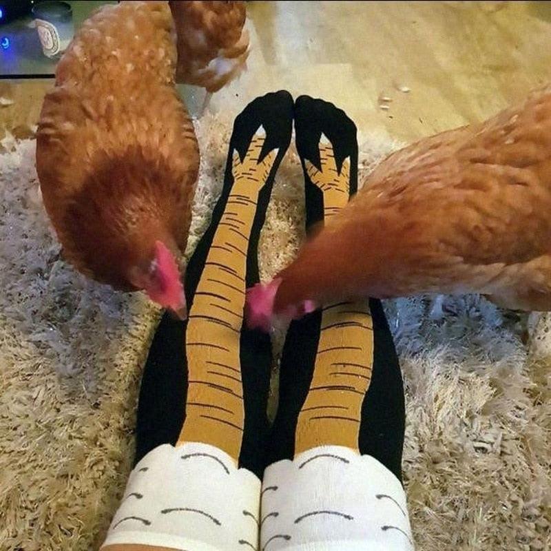 Chaussettes rigolotes poulet longues en coton à la mode drôles 3D unisexe au-dessus du genou chaussettes hautes Halloween Noël cadeau dessin animé chaussettes amusantes cuisse haute chaussettes pattes de poulet pour hommes et femmes