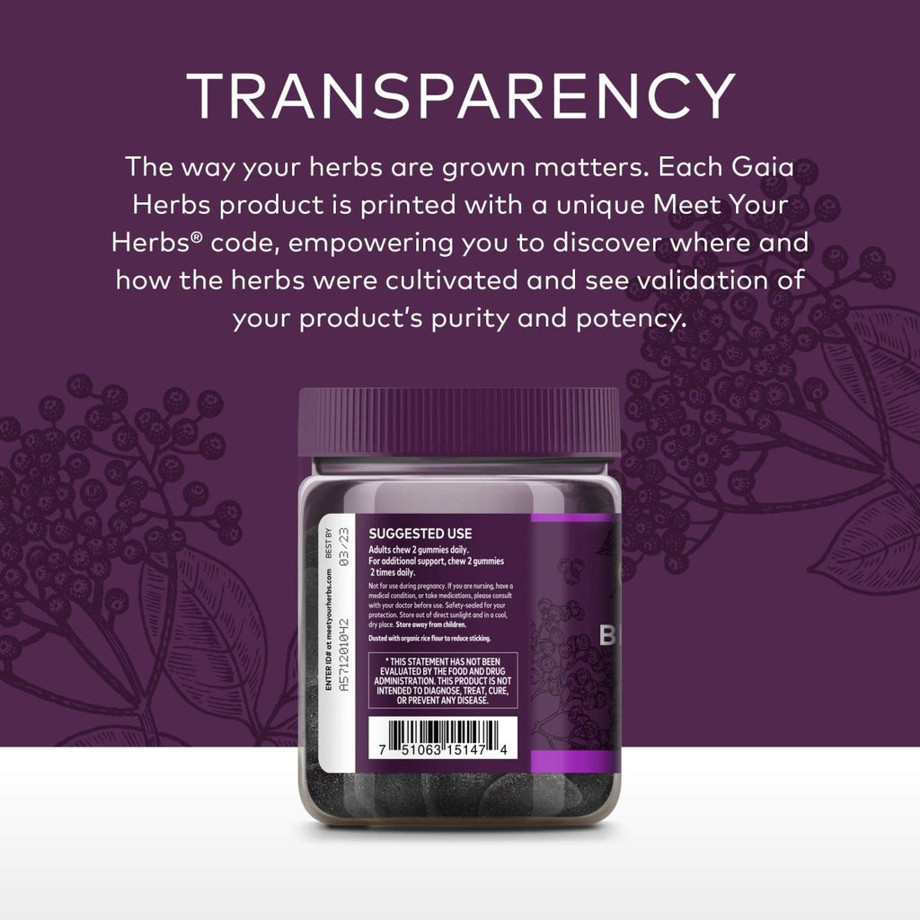 Gaia Herbs, Gommes Quotidiennes pour Adultes, Bio, Vegan, Complément de Sureau Noir Sambucus pour le Soutien Immunitaire et Antioxydant Quotidien, 40 Comprimés (Lot de 1)