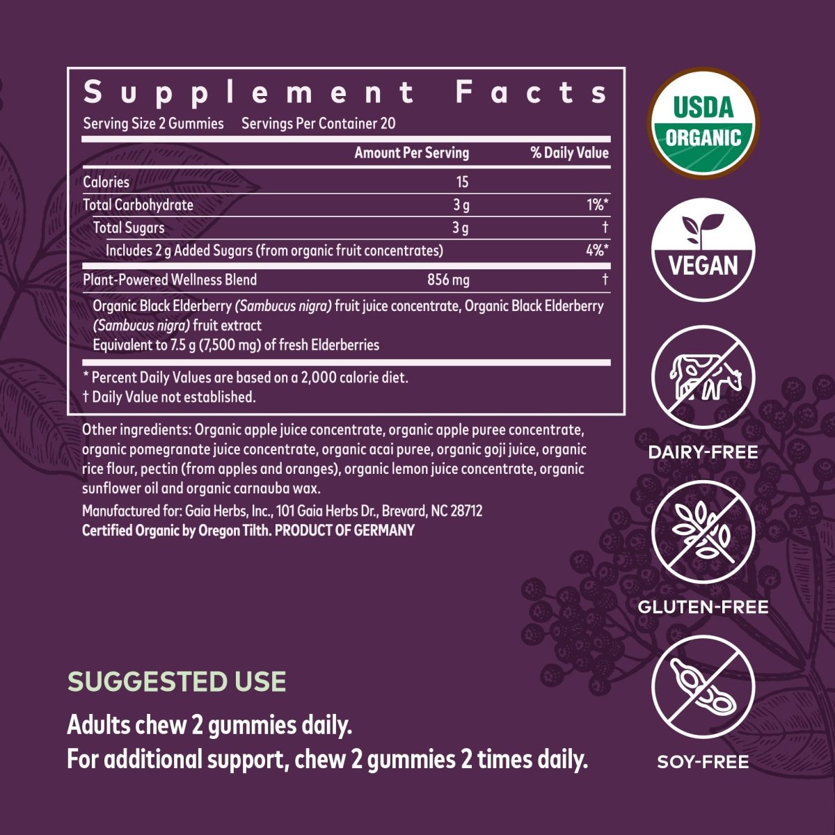 Gaia Herbs, Gommes Quotidiennes pour Adultes, Bio, Vegan, Complément de Sureau Noir Sambucus pour le Soutien Immunitaire et Antioxydant Quotidien, 40 Comprimés (Lot de 1)