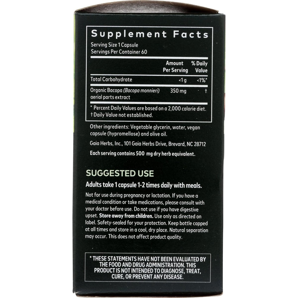 Gaia Herbs Bacopa - Complément Herbal pour le Soutien Cérébral et Cognitif - Fabriqué à partir de Bacopa (Bacopa Monnieri) pour Aider à Soutenir un Esprit Florissant - 60 Phyto-Capsules Liquides Vegan (Jusqu'à 60 Jours d'Approvisionnement)