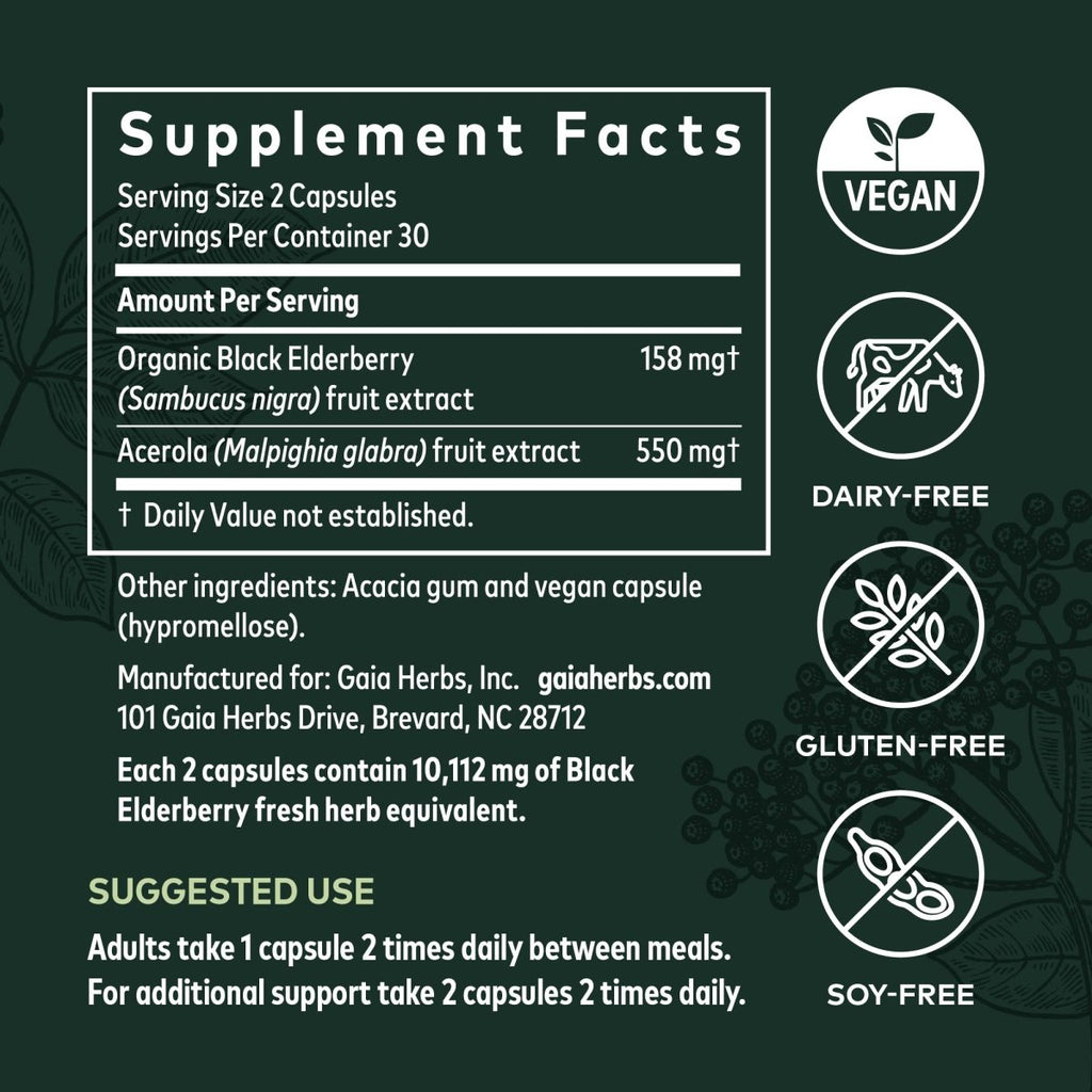 Gaia Herbs Sureau Noir - Complément de soutien immunitaire quotidien pour aider à maintenir le bien-être - 60 gélules végétaliennes (approvisionnement de 30 jours)