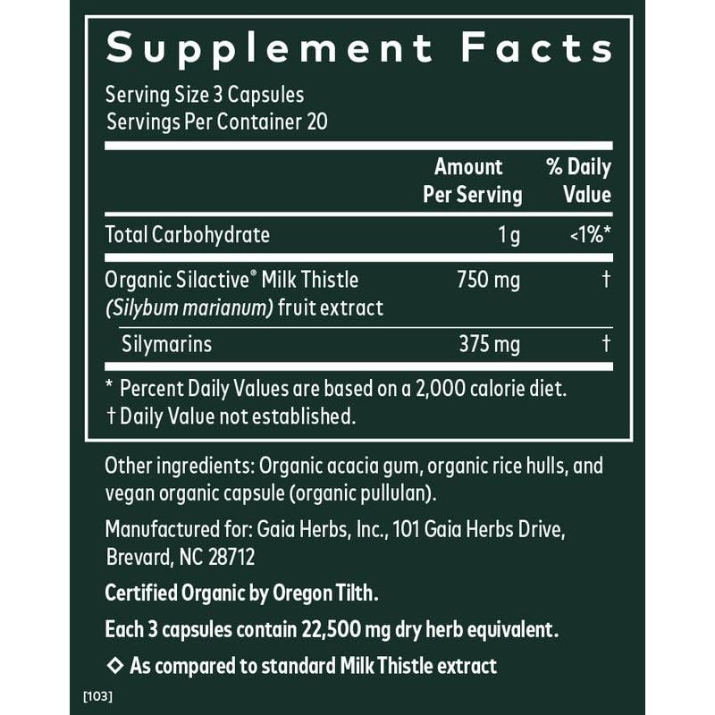 Gaia Herbs Chardon-Marie - Soutien du foie et de la détoxification pour maintenir une fonction hépatique saine - 120 capsules végétaliennes (approvisionnement de 20 jours)