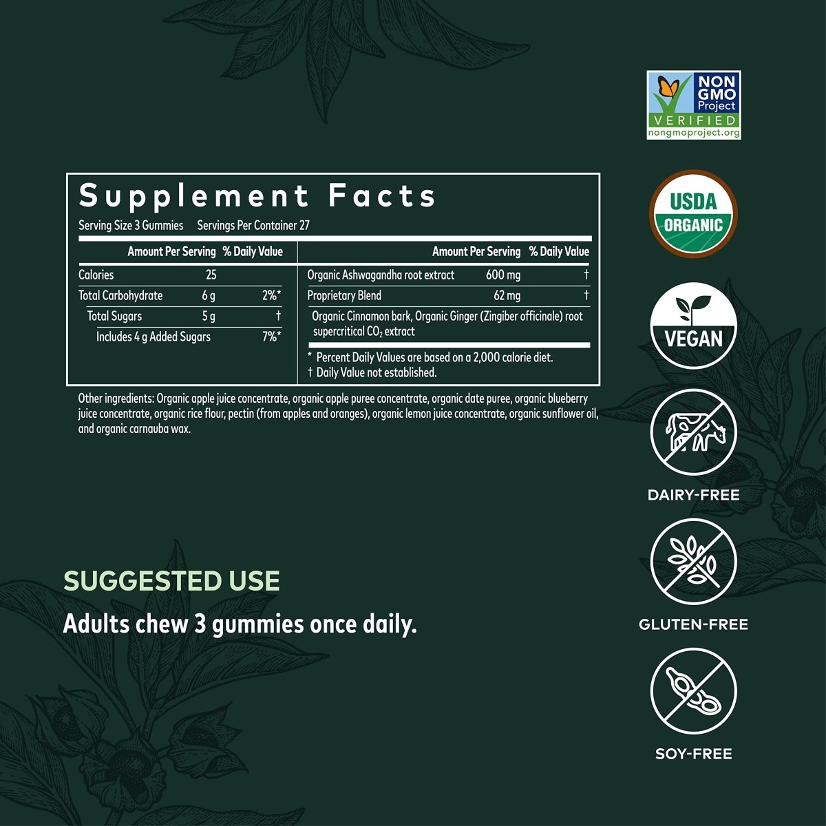 Gaia Herbs Bonbons gommeux biologiques à l'ashwagandha, soutien du stress, cannelle, gingembre, sans gluten, végétalien, 81 unités