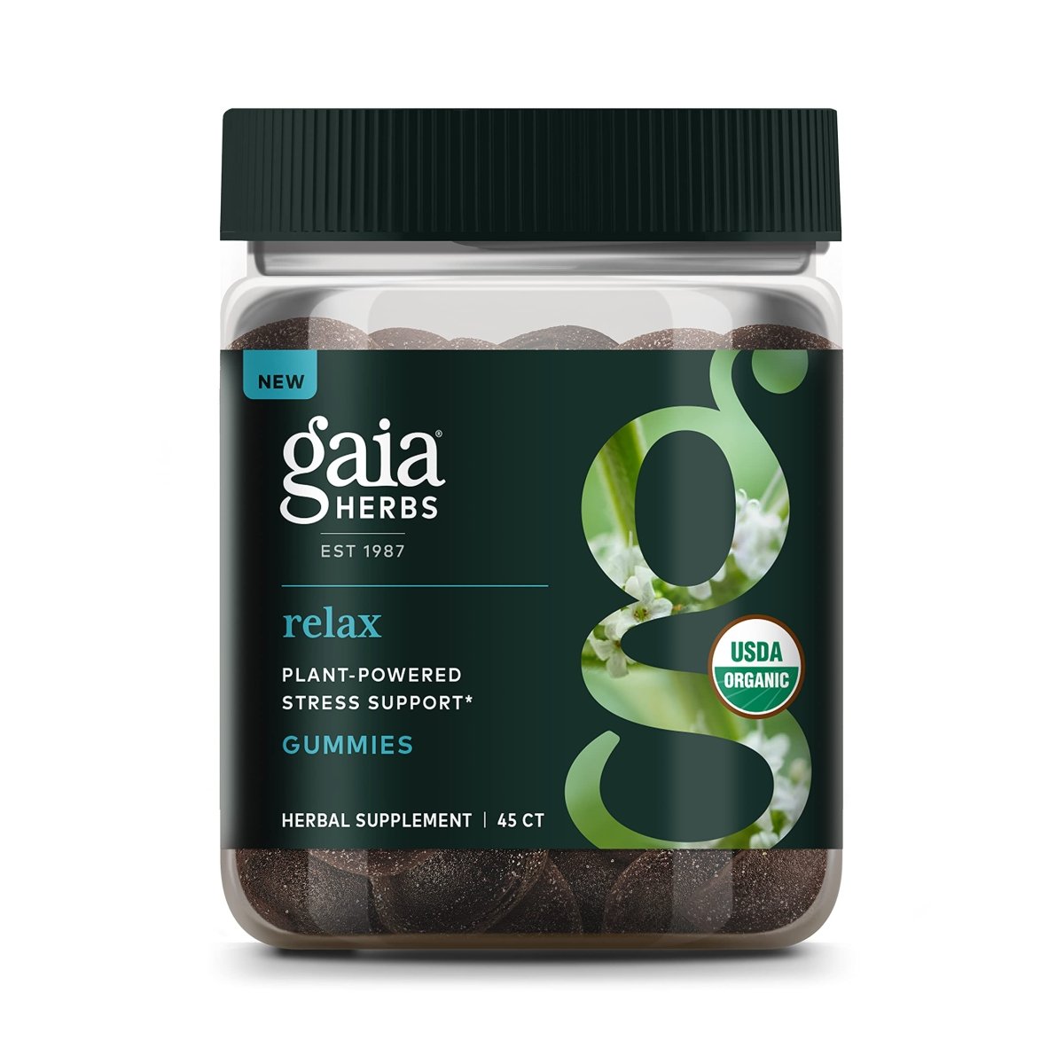 Gaia Herbs Organic Relax Gummies, Soulagement du stress, Soutien anti-stress, Basilic sacré, Mélisse, Passiflore, Certifié biologique USDA, Sans OGM, Sans gluten, Végane, 45 gommes (Paquet de 1)