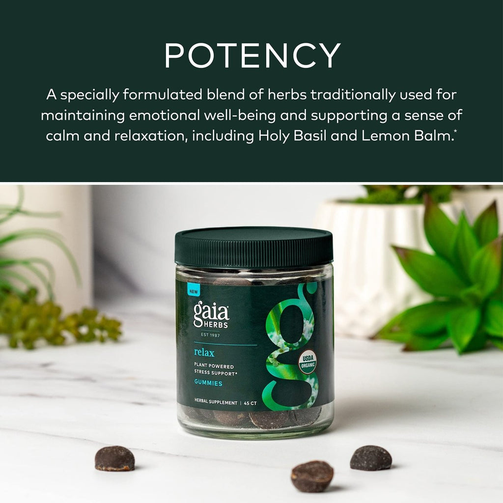Gaia Herbs Organic Relax Gummies, Soulagement du stress, Soutien anti-stress, Basilic sacré, Mélisse, Passiflore, Certifié biologique USDA, Sans OGM, Sans gluten, Végane, 45 gommes (Paquet de 1)