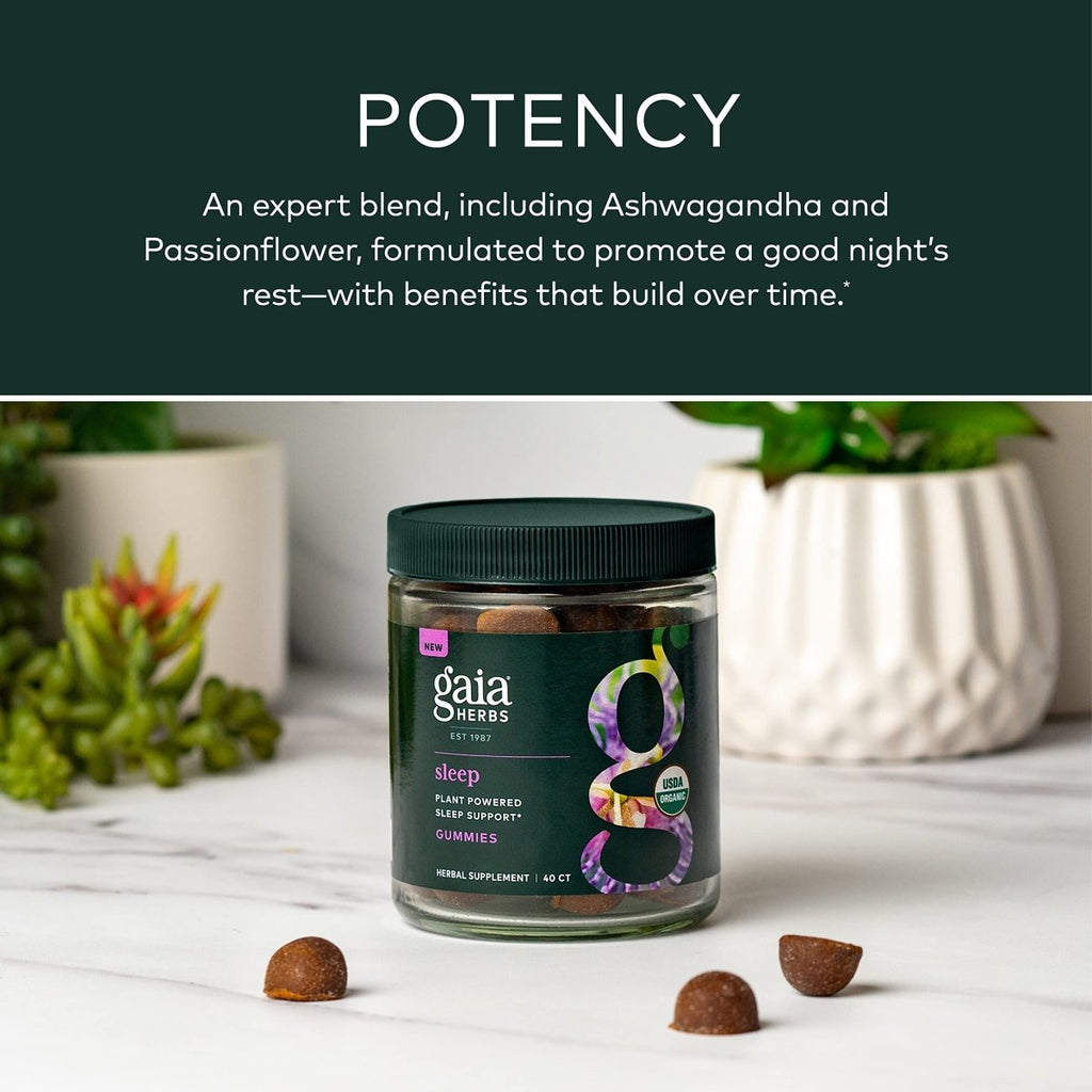 Gaia Herbs Organic Sleep Gummies, Soutien au sommeil, Ashwagandha, Champignon Reishi biologique, Passiflore, Certifié biologique USDA, Sans OGM, Sans gluten, Végane, 40 unités