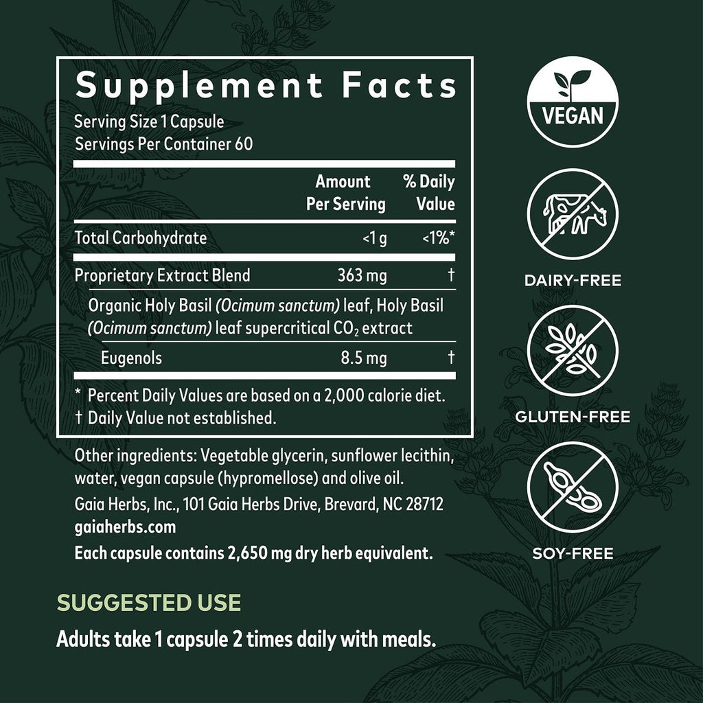 Gaia Herbs Pro Basilic sacré en feuilles - Supplément de soutien au stress avec basilic sacré - 60 Phyto-Caps liquides