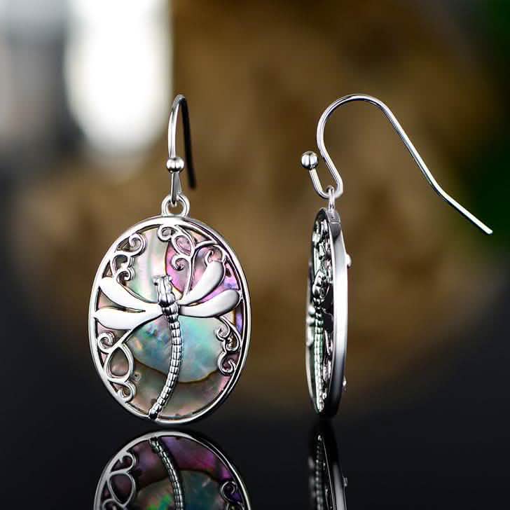 Boucles d'oreilles pendantes libellule en nacre d'abalone bleue véritable
