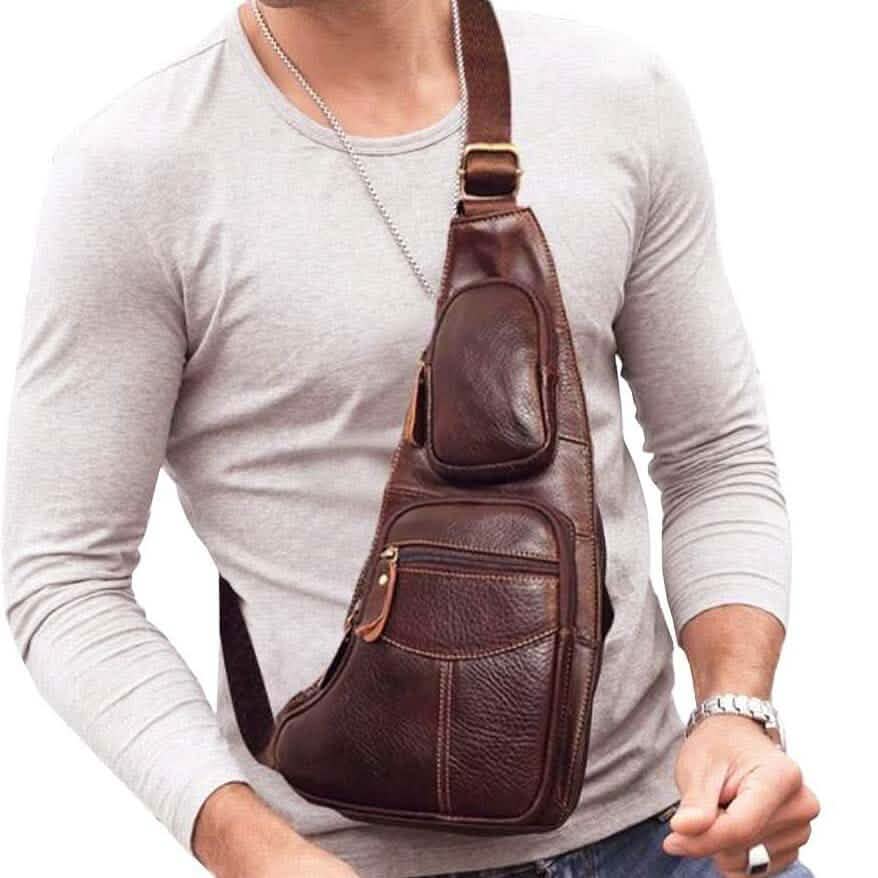 Sac de poitrine en cuir véritable pour hommes Sac à bandoulière en cuir Sac bandoulière personnalité Sac décontracté