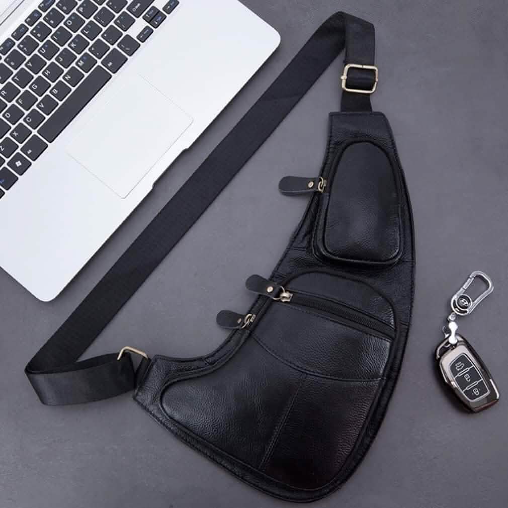 Sac de poitrine en cuir véritable pour hommes Sac à bandoulière en cuir Sac bandoulière personnalité Sac décontracté
