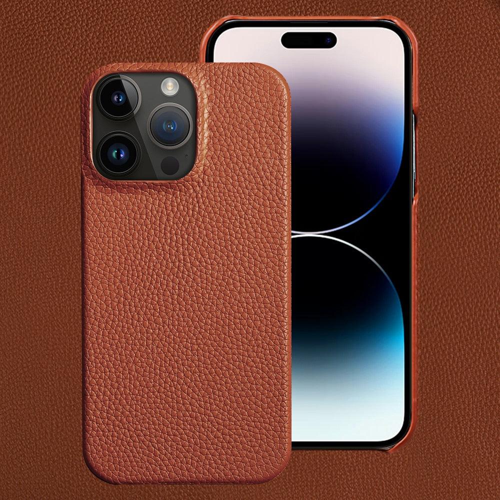 Étui de téléphone en cuir véritable pour iPhone 13 14 Pro Max 12 Mini 12 Pro Max Coque arrière Coque de téléphone en silicone orange fluo Compatible avec le chargement sans fil Coque de protection antichoc pour iPhone