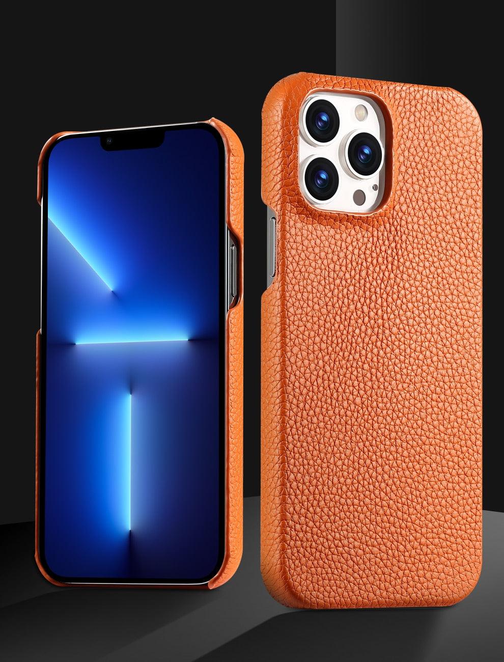 Étui de téléphone en cuir véritable pour iPhone 13 14 Pro Max 12 Mini 12 Pro Max Coque arrière Coque de téléphone en silicone orange fluo Compatible avec le chargement sans fil Coque de protection antichoc pour iPhone