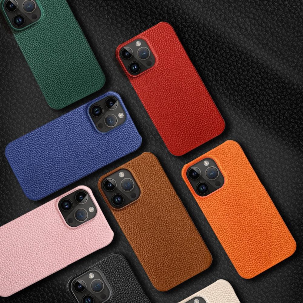 Étui de téléphone en cuir véritable pour iPhone 13 14 Pro Max 12 Mini 12 Pro Max Coque arrière Coque de téléphone en silicone orange fluo Compatible avec le chargement sans fil Coque de protection antichoc pour iPhone