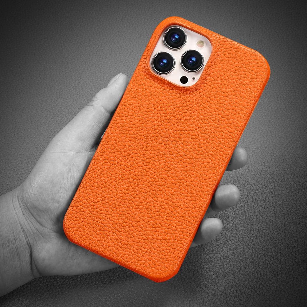 Étui de téléphone en cuir véritable pour iPhone 13 14 Pro Max 12 Mini 12 Pro Max Coque arrière Coque de téléphone en silicone orange fluo Compatible avec le chargement sans fil Coque de protection antichoc pour iPhone