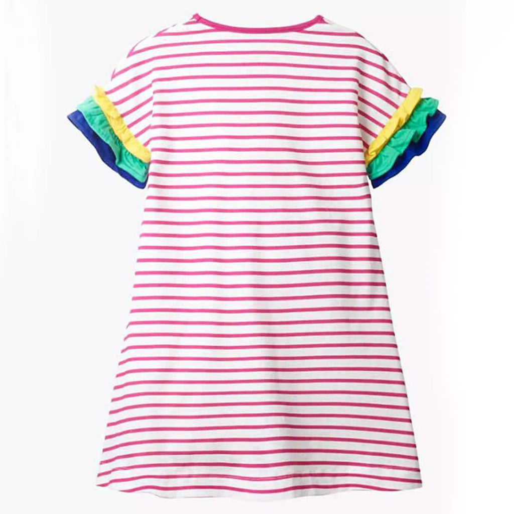 Robe décontractée à manches longues en coton pour filles, avec appliques dessin animé et rayures