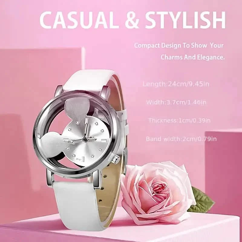 Montre à quartz pour filles, motif souris creuse, élégante, mignonne, avec bracelet en similicuir