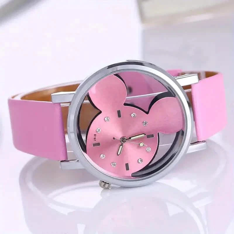 Montre à quartz pour filles, motif souris creuse, élégante, mignonne, avec bracelet en similicuir